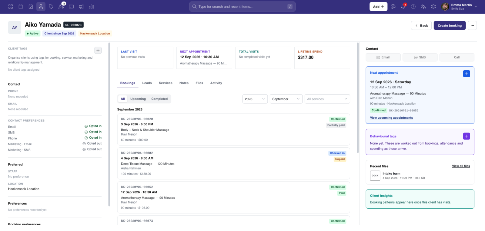 StyleDesk spa and salon management software showing a client profile with the next appointment, booking history, lifetime spend and contact preferences.